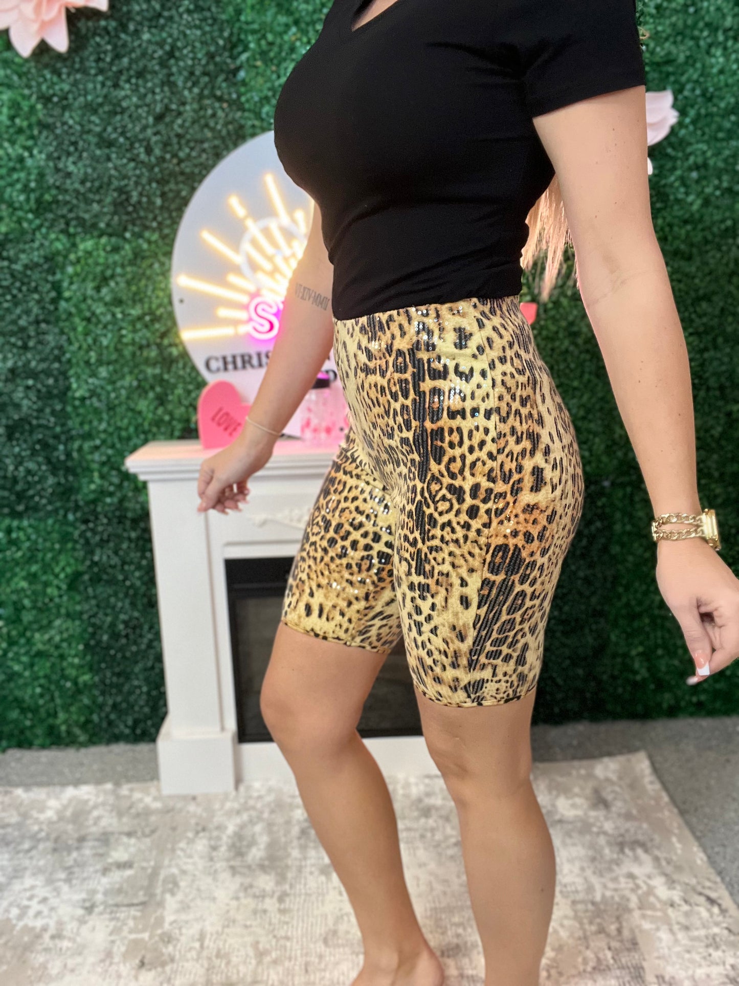 Wild Ones - Sequin cheetah biker shorts