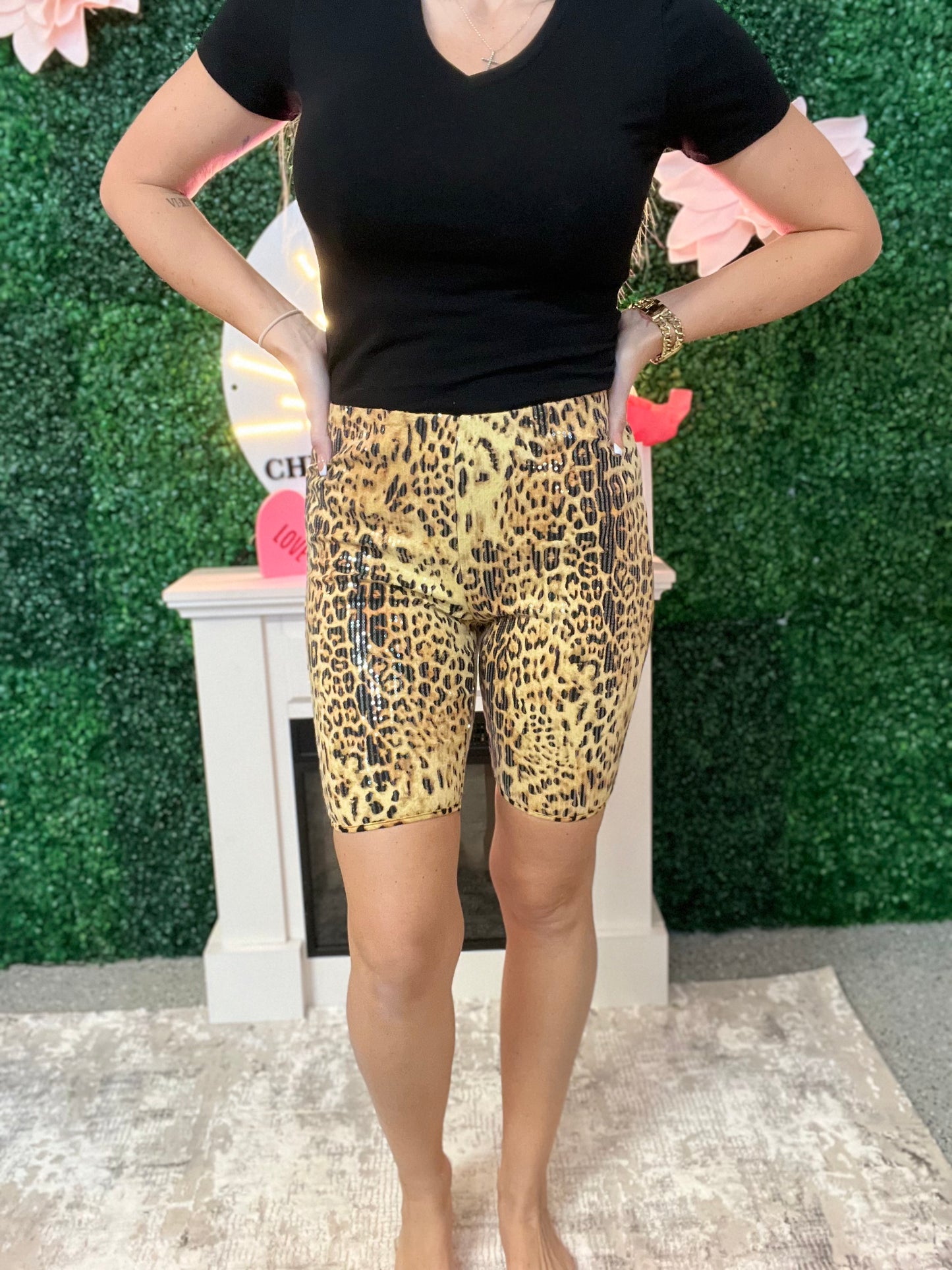 Wild Ones - Sequin cheetah biker shorts