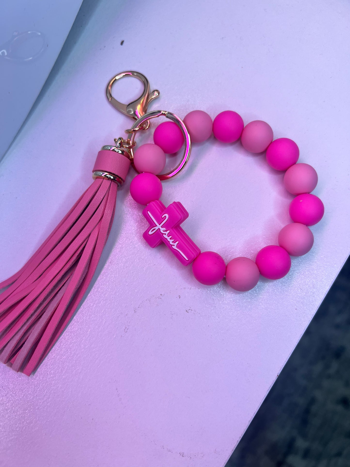 Cross Shaped Silicone Beaded Bracelet With Tassel Keychain - Pink