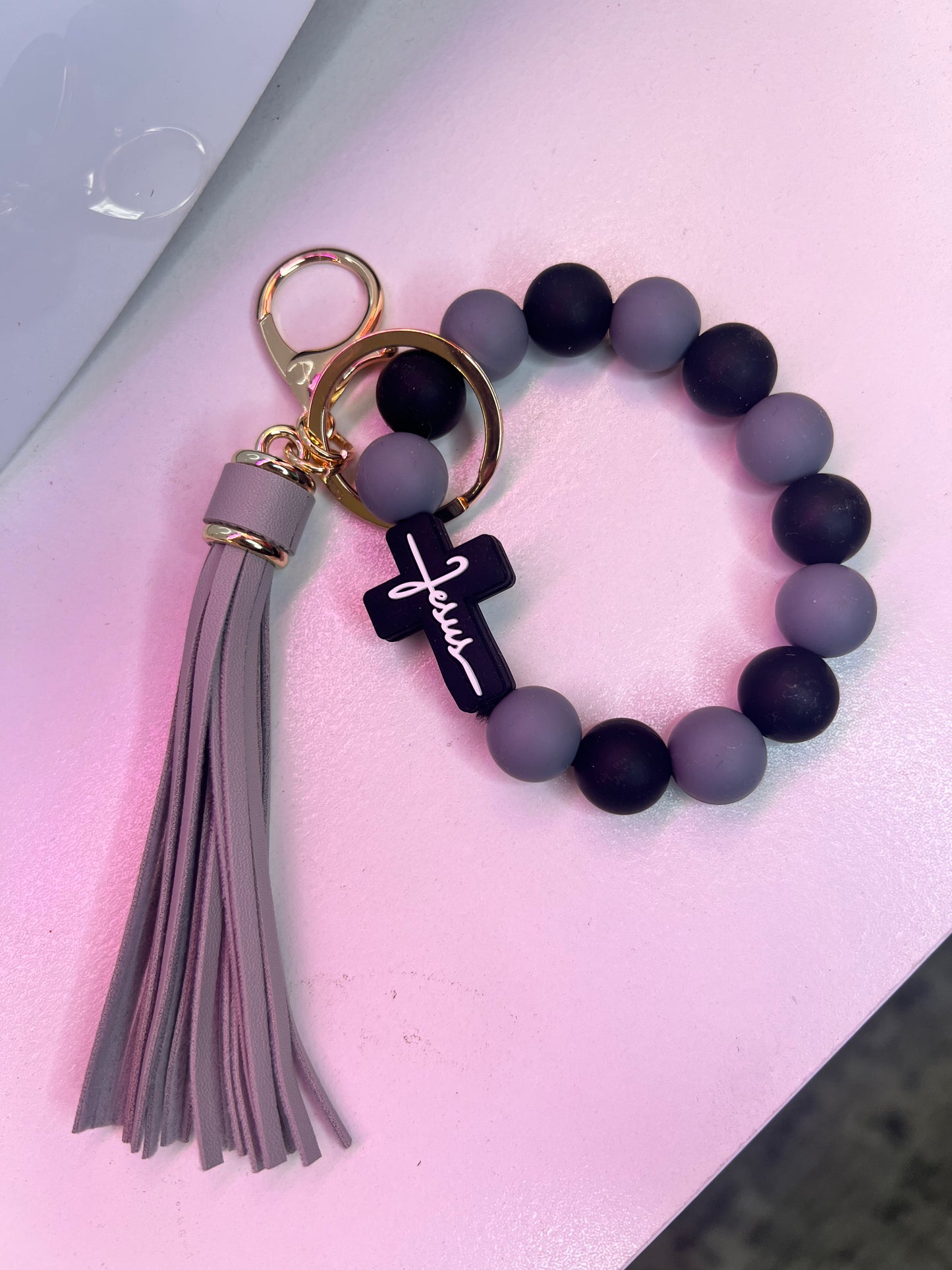 Cross Shaped Silicone Beaded Bracelet With Tassel Keychain - Black