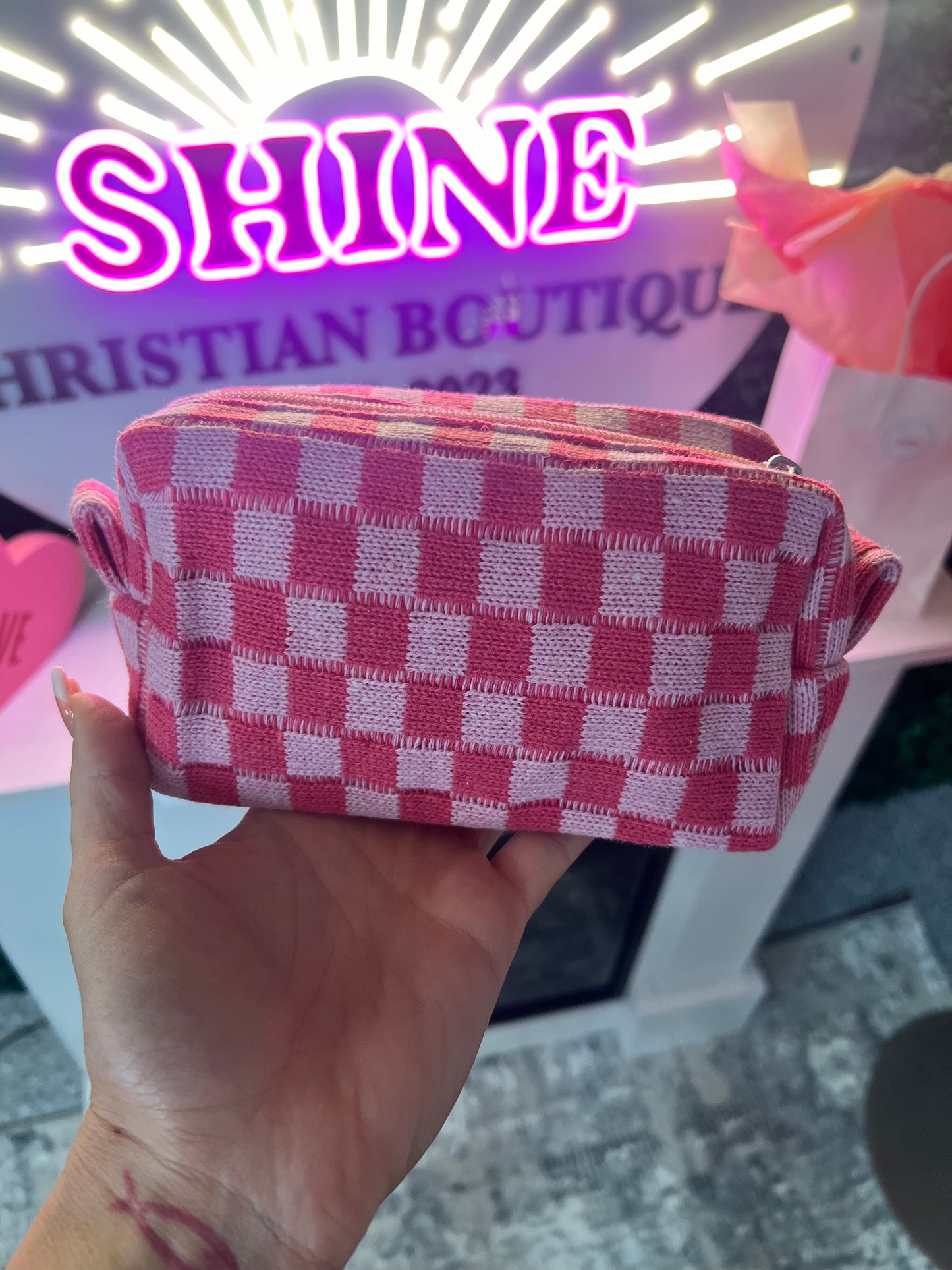 Pink Plaid Knitted Soft Bag