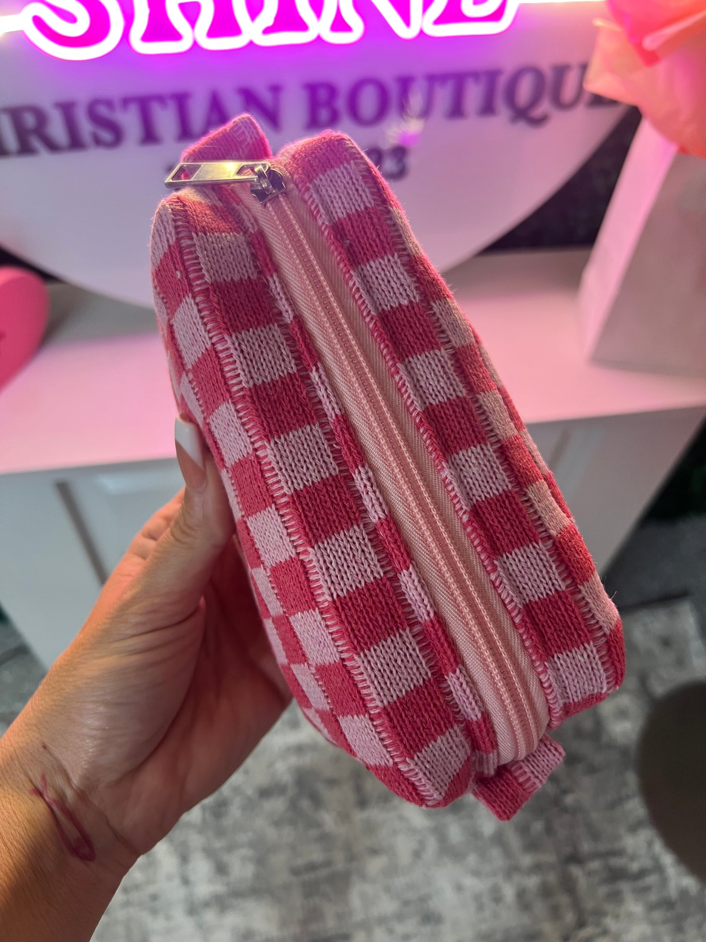 Pink Plaid Knitted Soft Bag