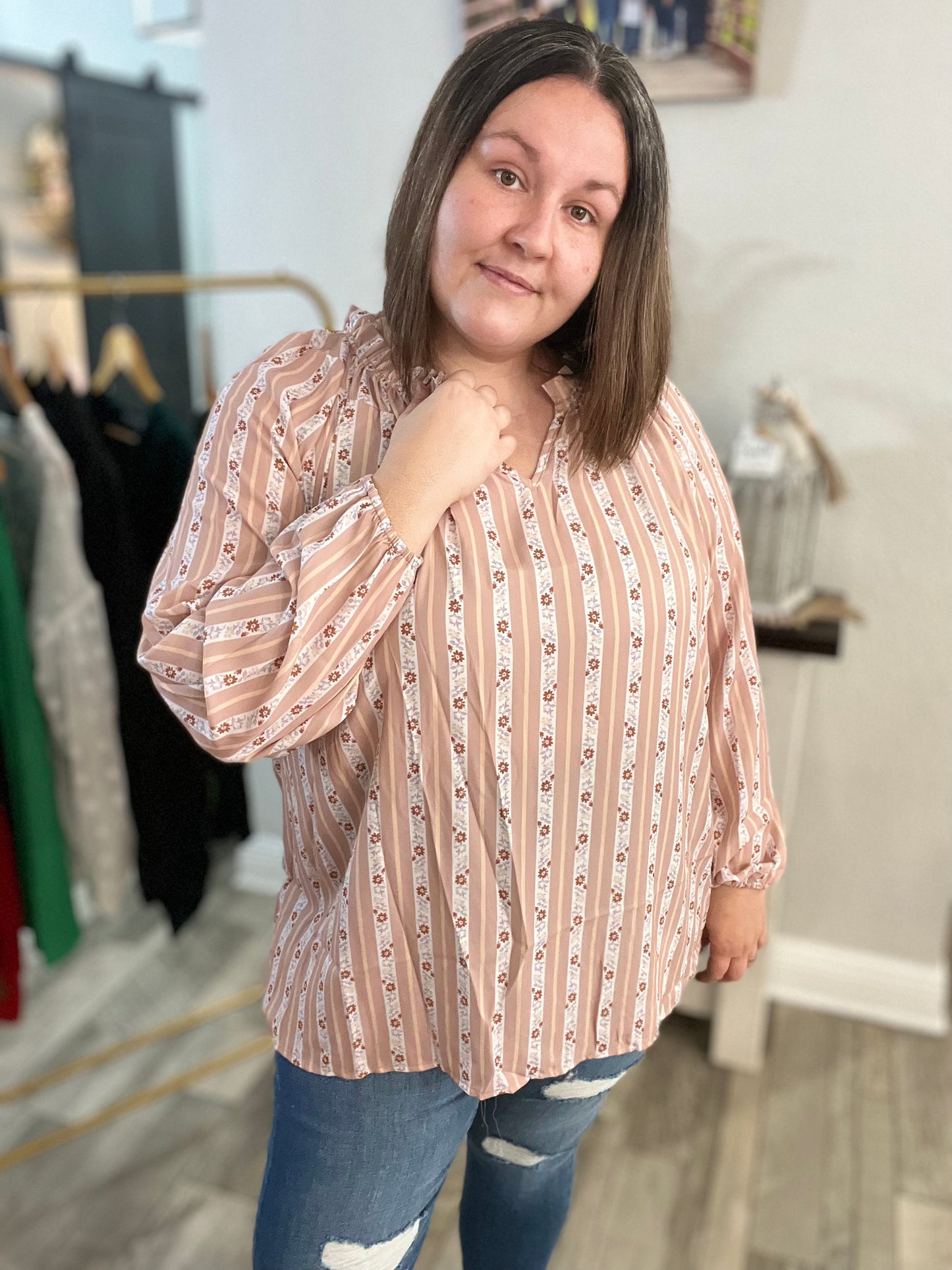 Magdalene Plus Size Printed Split Neck Blouse