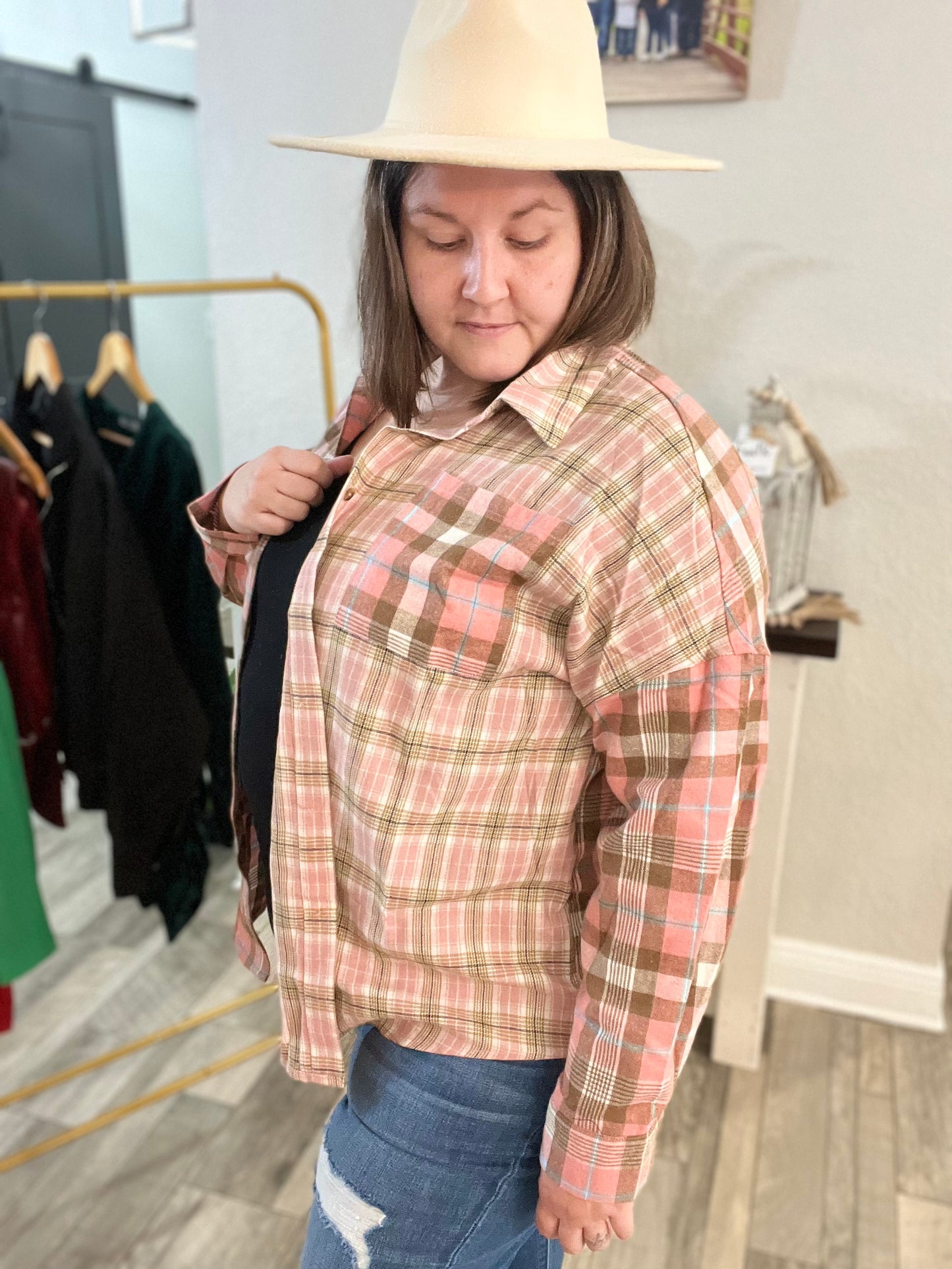 Joy Plus Size Color Block Plaid Long Sleeve Shirt with Pocket