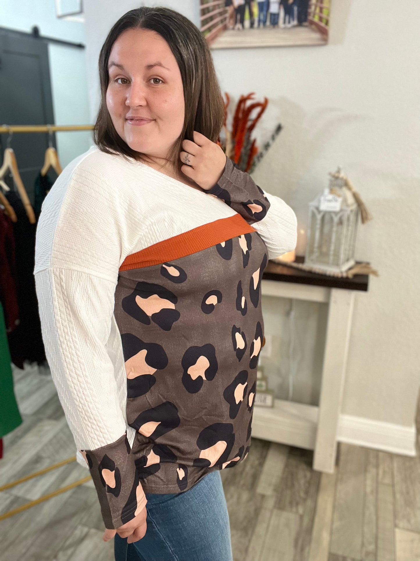 Leah Plus Size Leopard Print Patchwork Textured Top